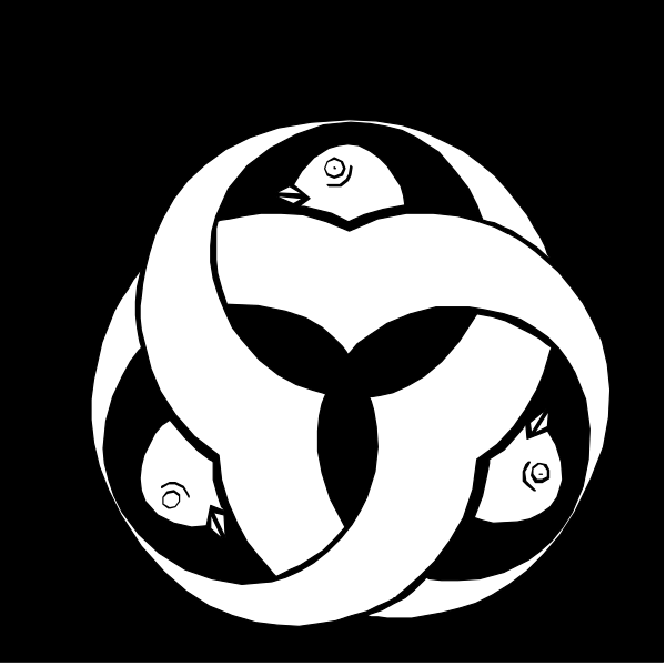 The black and white illustration shows a stylized intertwined symbol with two loops forming an abstract heart shape at its center; within each loop is another smaller circle containing what appears to be three fish swimming in opposite directions, creating a sense of movement around them.