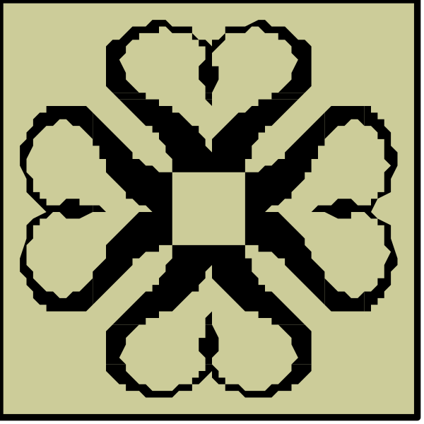 The image shows a black and white pattern with intricate designs that resemble flowers within an octagonal frame on top of two rectangles at bottom left and right corners.