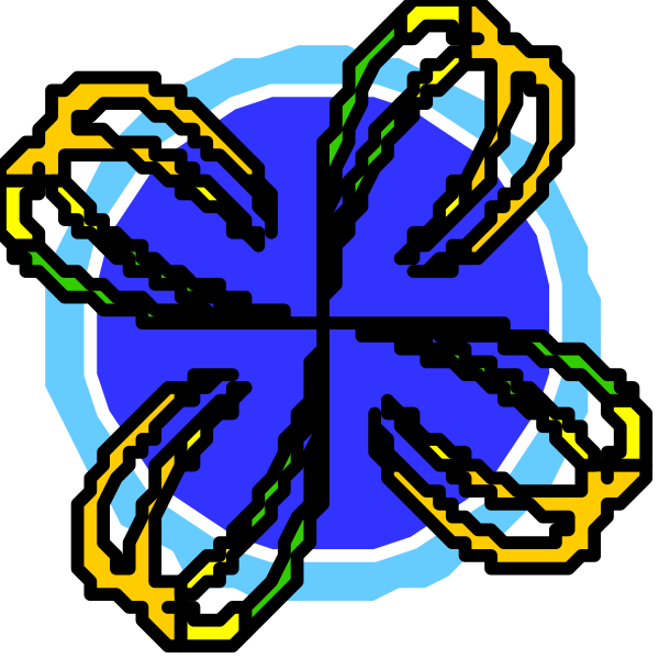 The image shows a stylized graphic of an abstract design with various shapes resembling leaves forming concentric circles around what appears to be a central blue circle that could represent water or sky.
