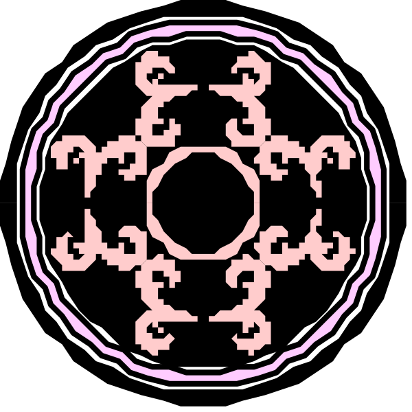 The image shows a stylized pink flower with six petals arranged around an inner circle that contains two symmetrical patterns resembling eyes within it.