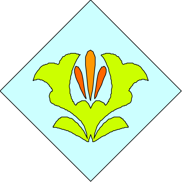 The image shows a stylized emblem with two distinct designs: on top is an abstract flower shape featuring green leaves; below it to its left side is another design that resembles three orange flowers in close proximity, each outlined by white and filled with yellow coloring.