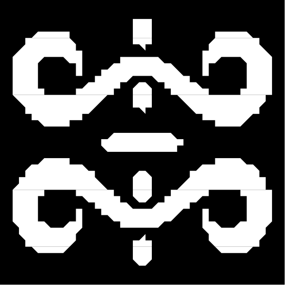The image shows a black and white pattern with symmetrical designs that resemble stylized swirls forming an abstract design on what appears to be fabric or paper.
