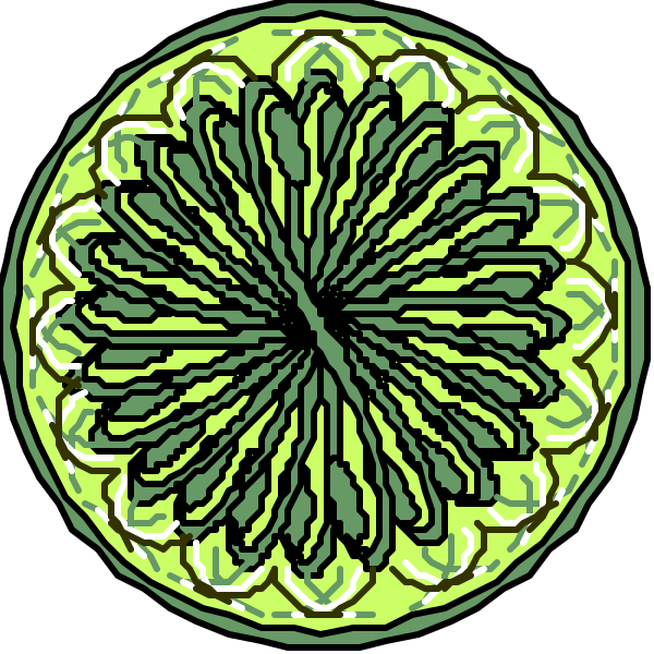 The image shows a symmetrical pattern with intricate designs resembling flowers within circular frames against a dark background.