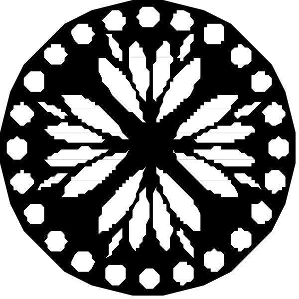 The black and white pattern features a symmetrical design with intricate details that resemble snowflakes at its center surrounded by circular motifs containing dots around it.