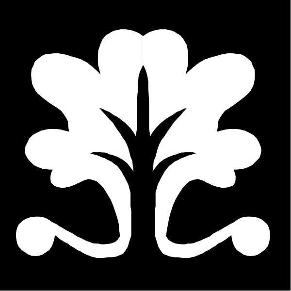 The black and white logo of a flower with petals on it against a dark background.