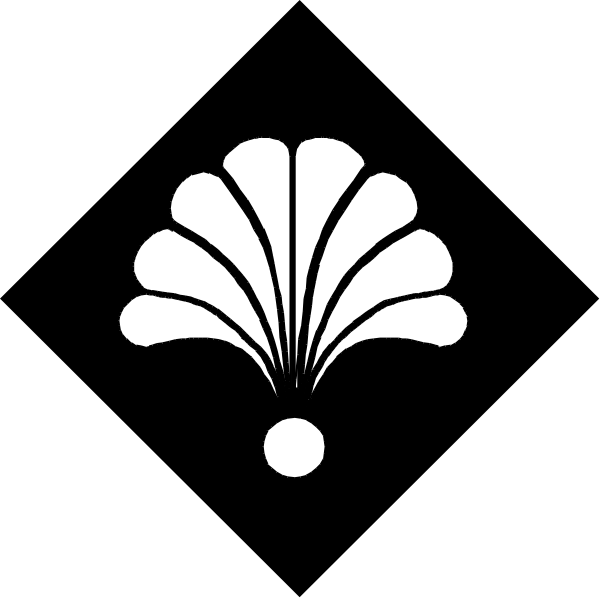 The black and white logo of a Japanese company with an emblem that resembles a stylized flower on top of what appears to be two waves forming a circle below it.