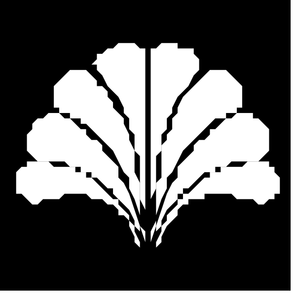 The black and white logo of a company with an emblem that resembles leaves on either side.