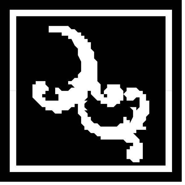The image shows a black and white icon with three symbols: on top left is an upside down letter 'u' resembling a bird; in the center right there appears to be two intertwined snakes, one of which has its head inside another snake's body forming what looks like a heart shape; below these are two additional icons that seem to represent birds or animals with wings. The style is simple and graphic, typical for user interface elements such as buttons on software applications. There is no text present in the image provided.
