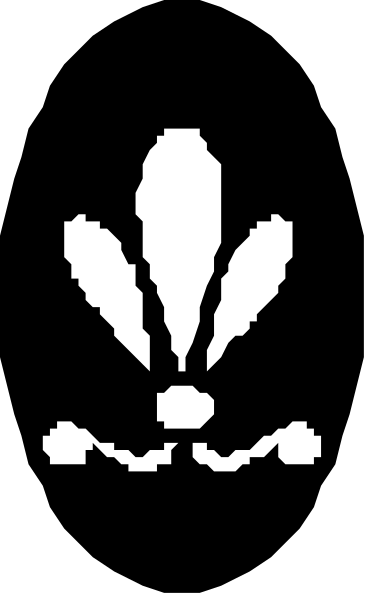 The image shows a black silhouette of an object that resembles a flower with six petals on it against two different backgrounds: one is white and the other has stripes in shades of gray, blue, green, yellow, red, orange, purple, pink, brown, beige.