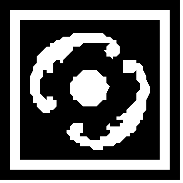 The image shows a black and white icon with two overlapping circles resembling gears within each other on top of another gear-like shape that appears to be an abstract representation of three interconnected rings forming a larger circle, all set against a square background.