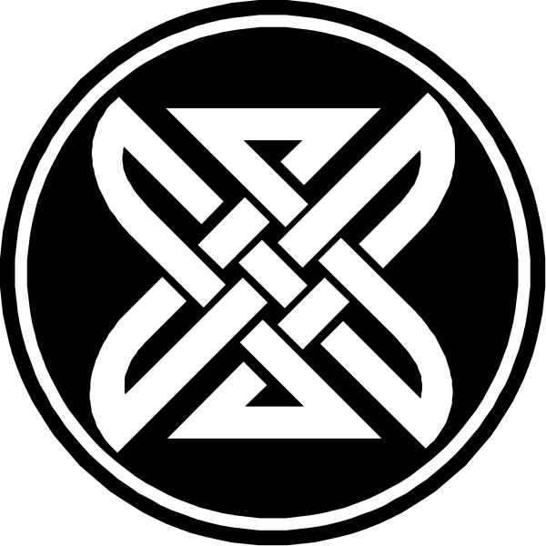 The image shows a black logo with white symbols that include intertwined swords forming an emblem resembling a shield within another circle containing what appears to be stylized lettering or text.