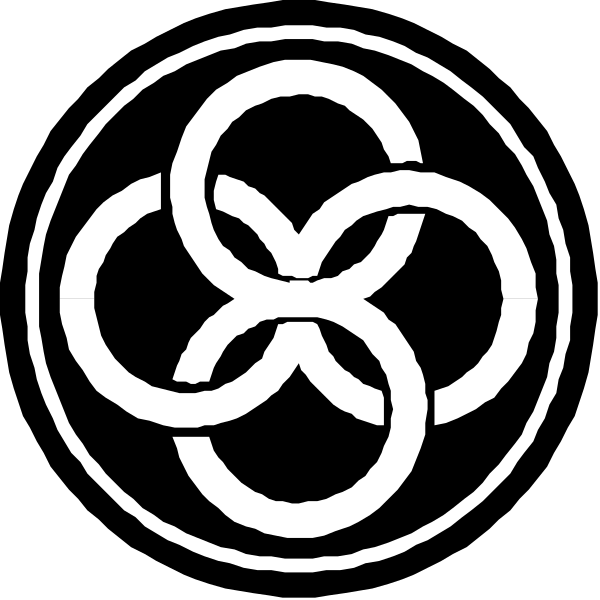 The image shows a black and white logo with three interconnected rings forming an emblem that resembles a stylized flower-like design in its center.