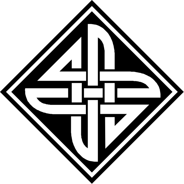 The image shows a black and white logo with two intertwined symbols resembling stylized crosses forming an emblem that could be associated with religious iconography.