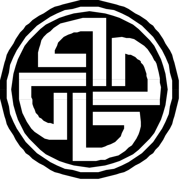 The image shows a black and white logo with an intertwined design that resembles musical notes forming a circle around what appears to be two crossed swords in the center of it all.