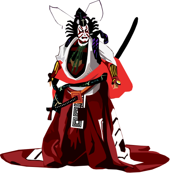 The images show a character dressed as an oni (a mythical creature from Japanese folklore) with red robes holding two swords crossed in front of it against black backgrounds.