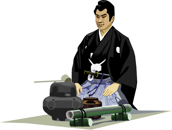 The image shows an animated character dressed as a samurai standing next to two guns on what appears to be a table in front of him; he is wearing traditional Japanese armor with intricate designs and patterns.