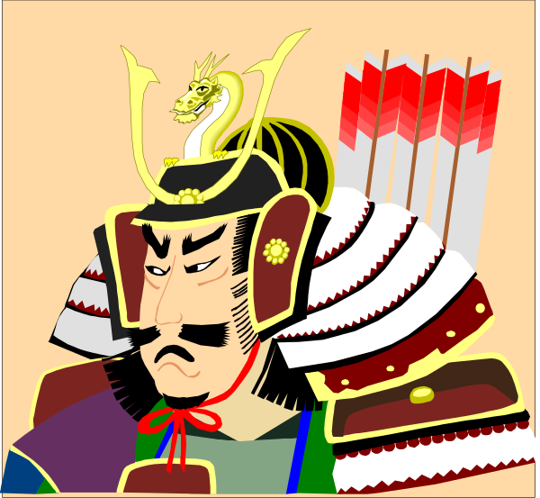 The image shows a character dressed as an Asian warrior with traditional armor, including a helmet adorned with what appears to be dragon motifs on top of his head; he is wearing red arrows in each hand and has facial hair resembling a mustache or beard.