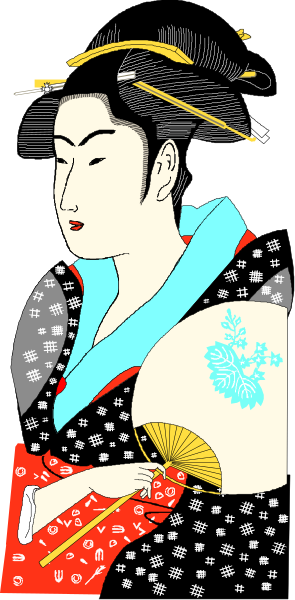 The image shows a stylized illustration of an Asian woman with dark hair wearing traditional attire; she is holding what appears to be a fan in her right hand while standing against a backdrop that includes Japanese-style elements such as cherry blossoms and possibly lanterns or decorative lights.