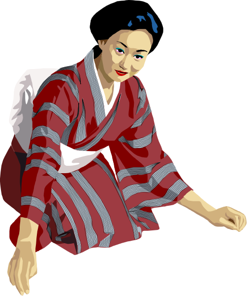 The image shows a cartoon of an Asian woman dressed as geisha with traditional clothing; she is kneeling on her left knee while holding out something in both hands to someone off-frame.