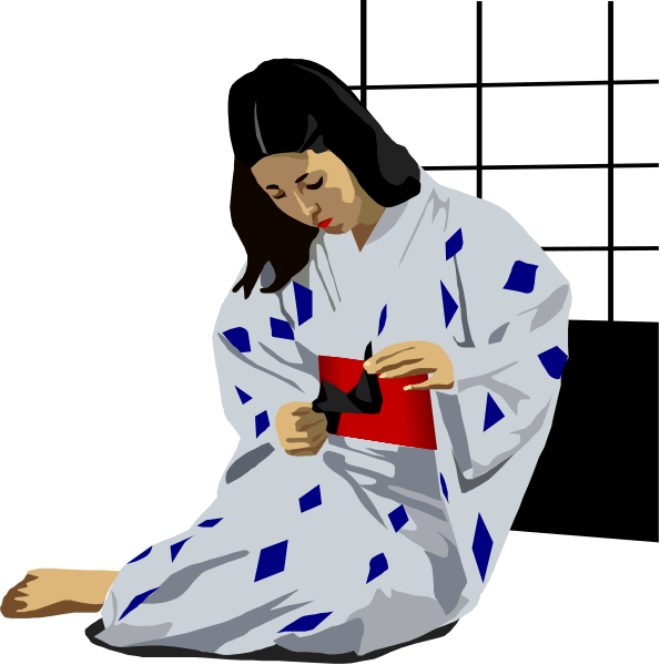 The illustration shows a woman sitting on her knees with an object that appears to be threaded through it between two fingers in front of her face; she is wearing traditional Japanese attire including a kimono, and there's another image beside showing only part of this scene from the waist up.