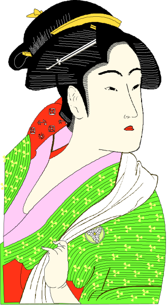 The image shows a stylized illustration of an Asian woman with dark hair wearing traditional attire; she is holding what appears to be a fan in her right hand while looking slightly away from it towards something off-frame, and there's Japanese text on both sides that could indicate the title or description.