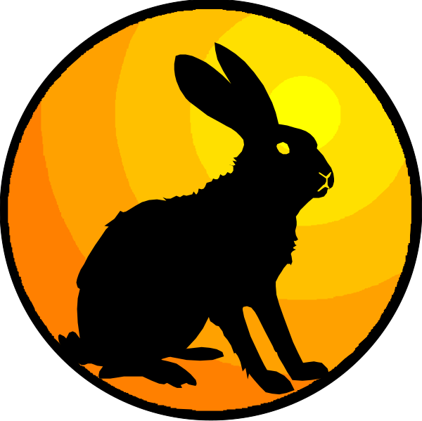 The image features a stylized depiction of two rabbits with an orange sunset background; on top is a silhouette of one bunny looking to its right while another sits below it facing forward, both within circular frames that resemble clock faces or targets.