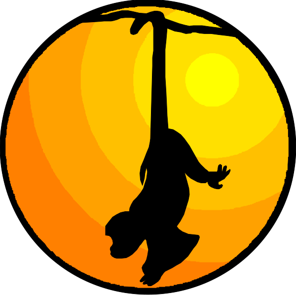 The image shows a cartoon of an animated character hanging from a rope with their feet off the ground against a sunset background featuring silhouettes of trees on either side.