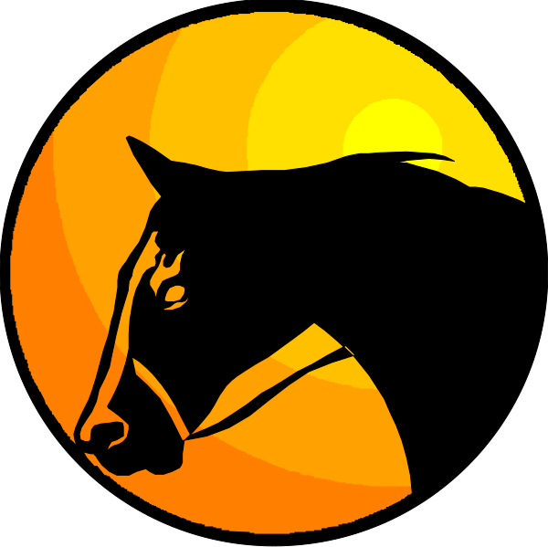 The image shows a stylized silhouette of an orange sun with rays extending outward at nighttime, featuring two horses' heads facing each other in profile within its center; one horse is on either side and appears to be looking towards it from opposite directions under what seems like the moon.