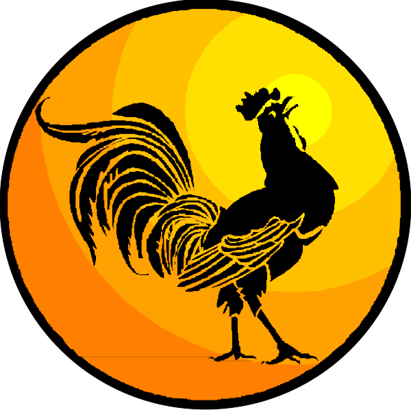 The image shows a black silhouette of an orange rooster on top half within two concentric circles against a dark background with no other discernible details visible in this small clip-art format.