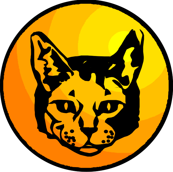 The image features two circular stickers with a cat's face on them against an orange background.