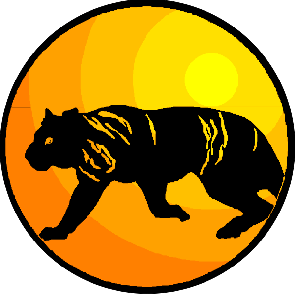 The image shows a black silhouette of an animal that resembles a tiger walking on what appears to be sand with two suns in different positions above it; one is rising while the other sets, creating circular patterns around them and forming circles within each circle where they intersect.