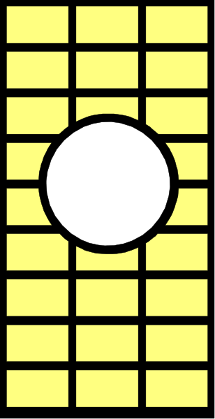 The image shows a black circle on top of an orange grid with white lines inside it against a gray background.