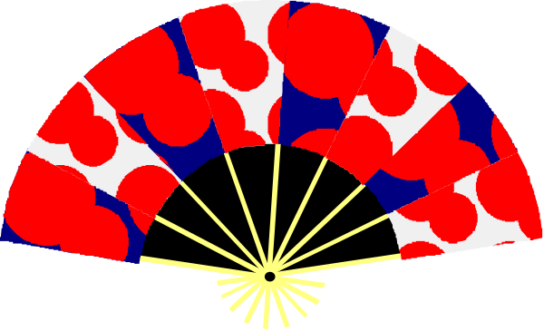 The image shows a fan with red polka dots on it against a black background.