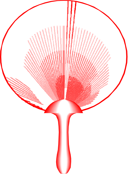 The image shows a red circular object with concentric rings of varying brightness against an otherwise dark background; it appears to be digitally altered for artistic effect rather than depicting any real-world objects or actions.