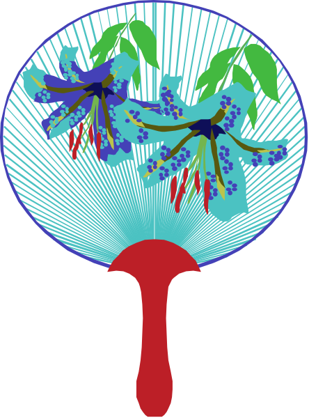 The image shows a stylized depiction of an upside down globe with palm trees on it atop what appears to be a red object that could represent blood; there is also a small blue flower in front, and below this scene, two green plants or flowers sprout from the ground.