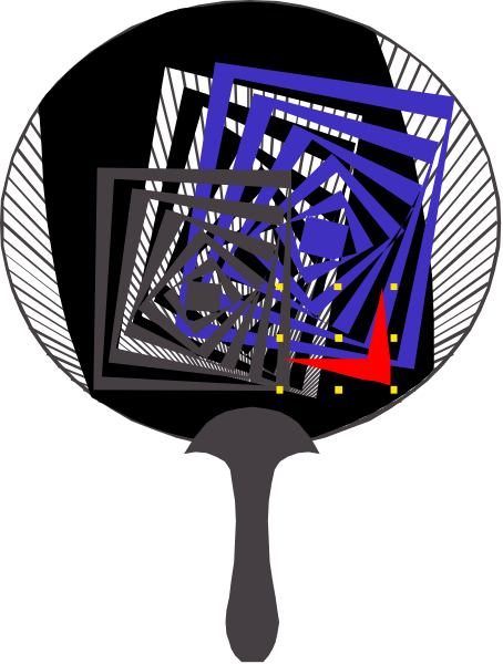 The image shows a magnifying glass with an abstract design inside it that resembles a maze pattern featuring blue lines on top of red shapes against a black background; there is no text present in this clip-art illustration, and only one object—the magnifying glass itself—is depicted.