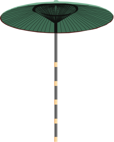 The image shows a large umbrella with an open canopy against a dark background; it is standing upright on its pole in what appears to be a stylized outdoor environment.