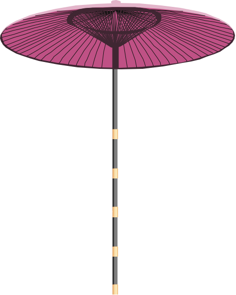 The image shows a pink umbrella with black stripes on top of an object that appears to be a pole against a dark background.