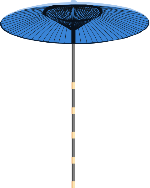 The image shows a blue umbrella with an open canopy against a dark background.