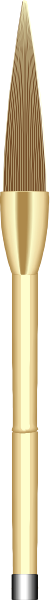 The image shows a paintbrush on its side with bristles pointing upwards against a plain background.