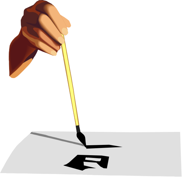 The image shows a hand holding a pencil over an election ballot with two options marked on it; there is no text present in this clip-art illustration.