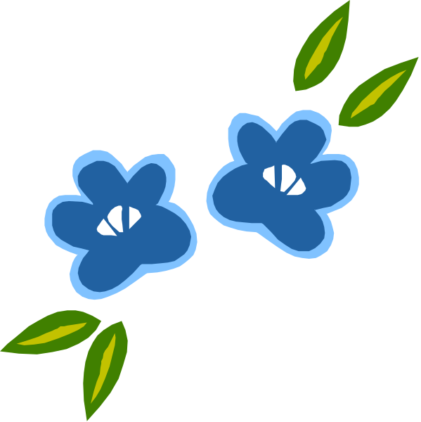 The image shows a simple illustration of two blue flowers with green leaves on either side against a black background.