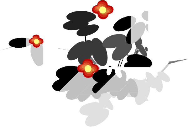 The black and white photo shows a bouquet of flowers with red accents on stems against a dark background.