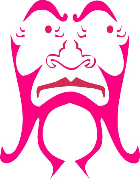 The image shows a black mask with pink highlights featuring two eyes that appear to be looking upwards towards something above it.