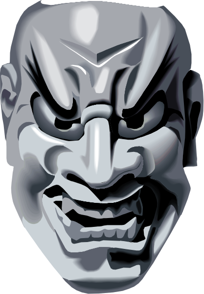 The image shows a stylized mask with exaggerated facial features such as large eyes and an intense expression on its face against a plain background.