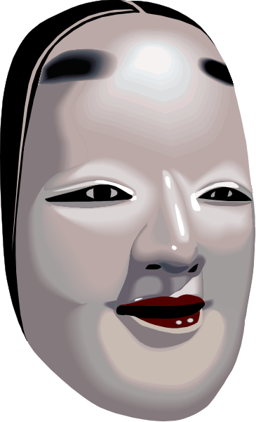The image shows a closeup of an Asian mask with exaggerated facial features such as large eyes and mouth, set against a neutral background that does not distract from the object itself.