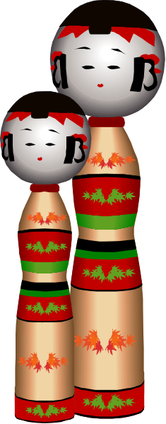 The image shows three animated figures that resemble a family of dolls with colorful clothing; two appear to be female characters wearing dresses adorned in red, green, yellow, blue, white, black and orange patterns while one is male dressed as Santa Claus holding what seems like an object. They are standing against a plain background without any distinguishable setting or action taking place between them.