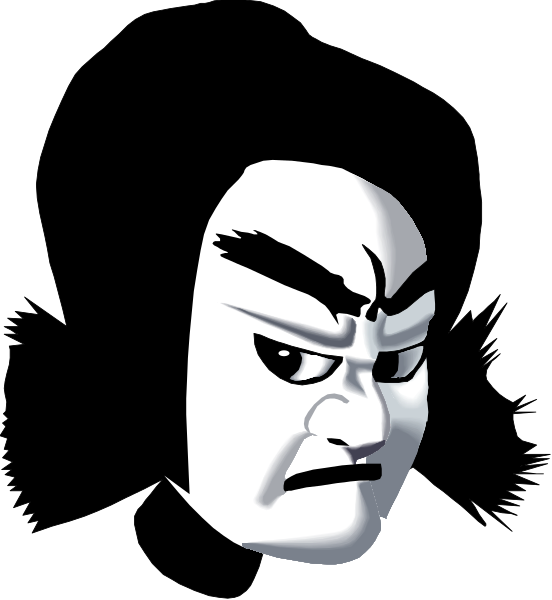 The image shows a closeup of an animated character with exaggerated facial features such as large eyes and eyebrows, wearing what appears to be a mask that covers most of its face except for one eye which is visible on the left side.