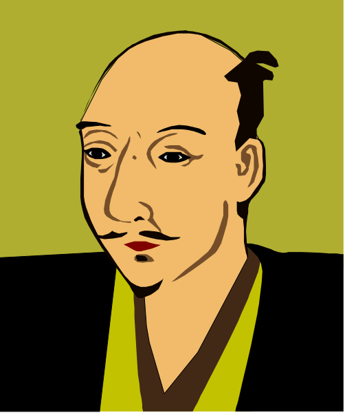 The illustration shows a man with an exaggeratedly large head wearing traditional Japanese clothing; he has no hair on his forehead but is bald atop his head.