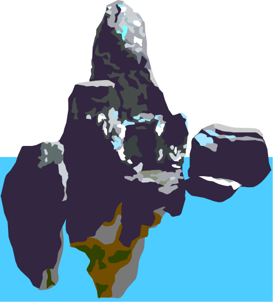 The image shows a stylized representation of an island with rocky cliffs overlooking water under what appears to be clear skies.